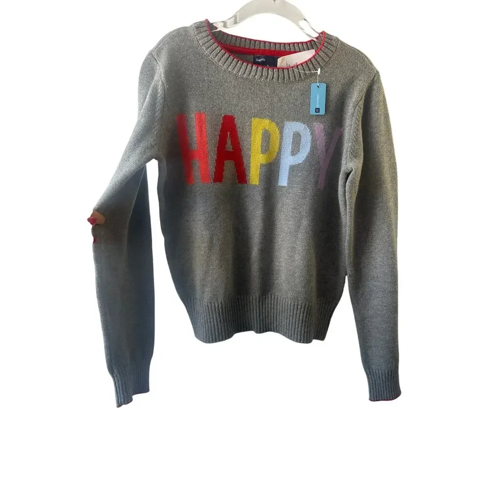 GAP Heather Gray Long Sleeve HAPPY Sweater Unisex Size 12 New